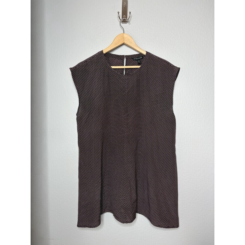 EILEEN FISHER 100% Silk Maroon White Striped Print Sleeveless Tunic Top Medium